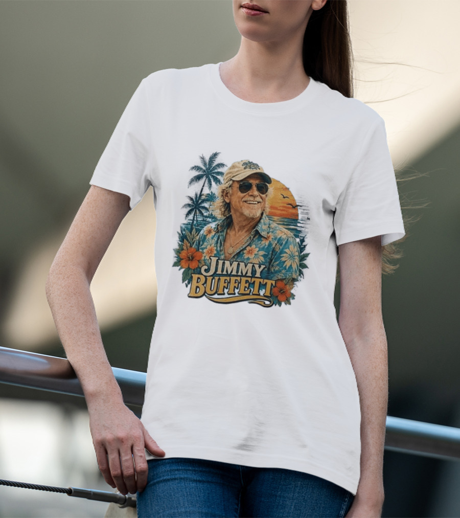 Jimmy Buffett Tropical Vibes Sunset And Palm Trees Floral T-Shirt