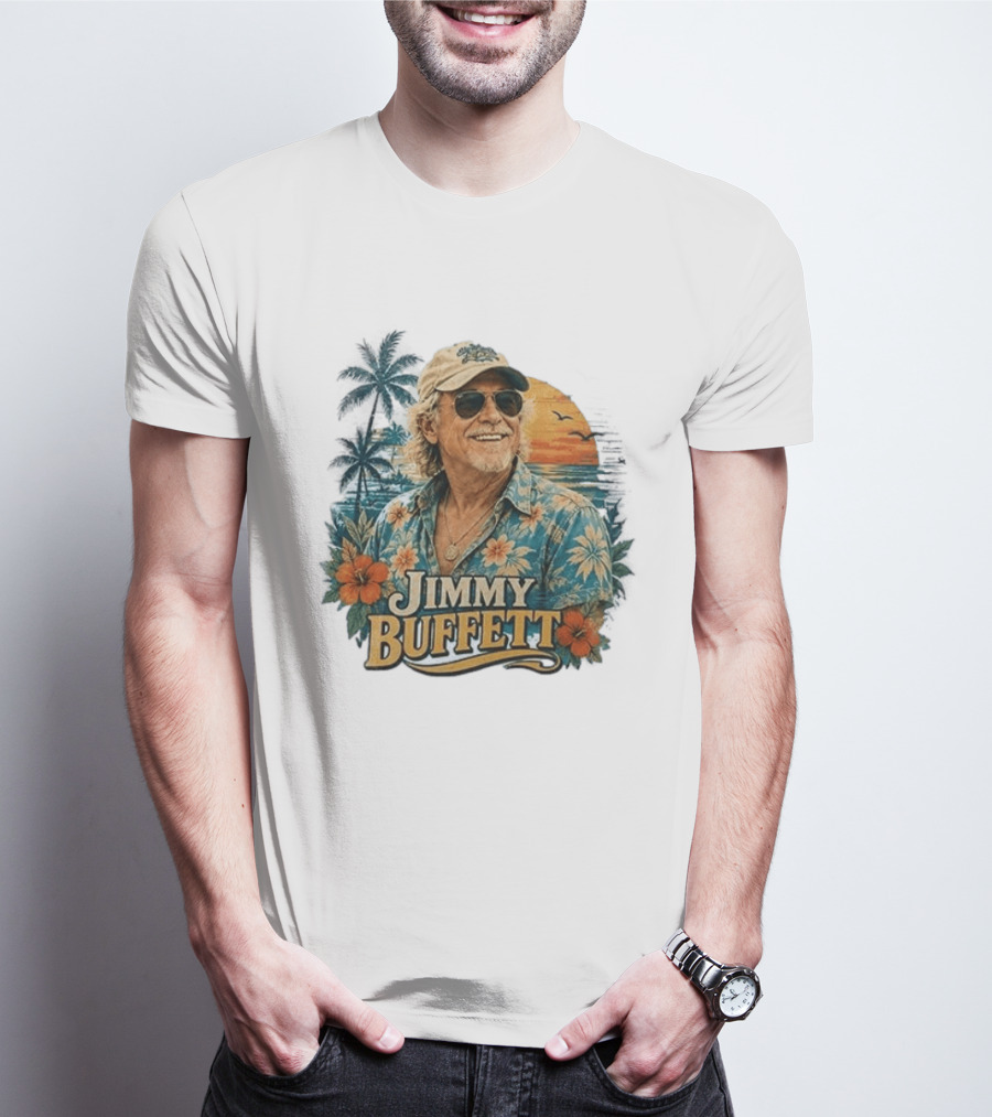 Jimmy Buffett Tropical Vibes Sunset And Palm Trees Floral T-Shirt