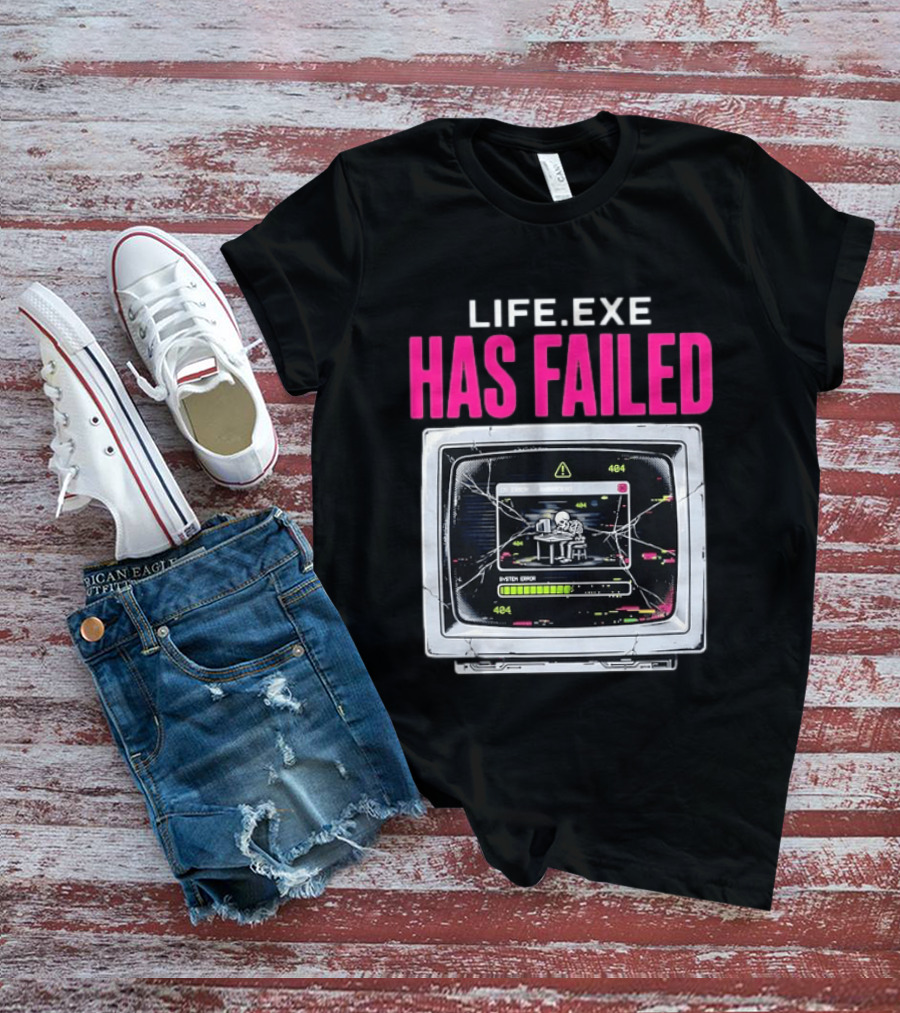 Lifeexe Has Failed System Error 404 Skeleton Computer Retro Monitor T-Shirt