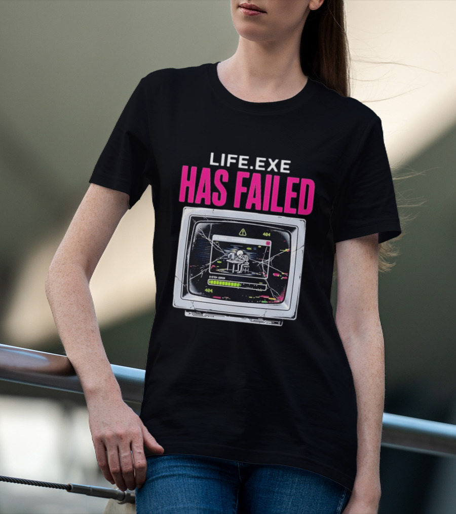 Lifeexe Has Failed System Error 404 Skeleton Computer Retro Monitor T-Shirt