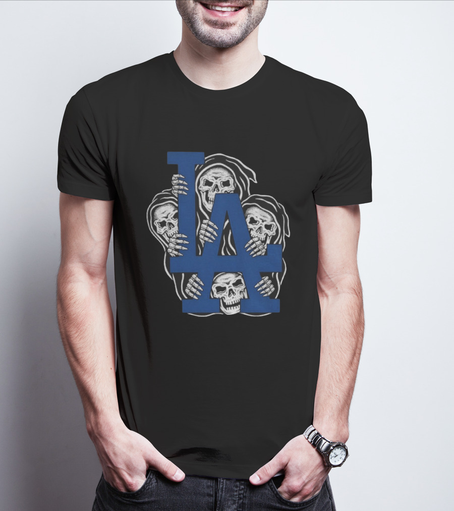 Skeletons Behind LA Dodgers Blue T-Shirt