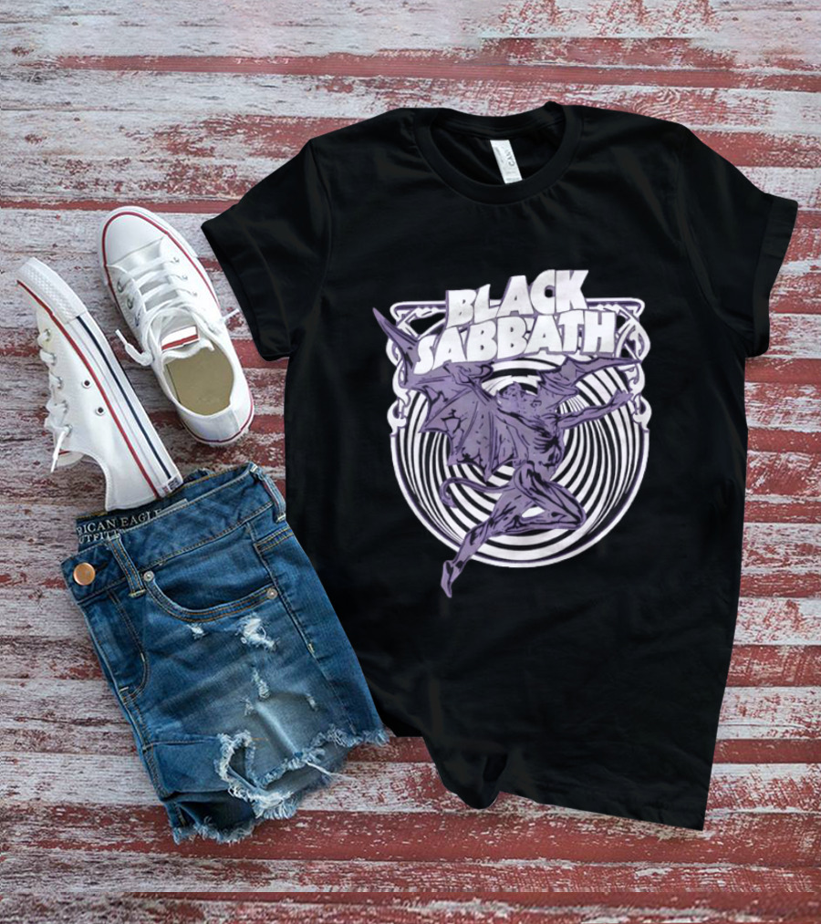 Black Sabbath Flying Devil With Striped Background Iconic Heavy Metal T-Shirt