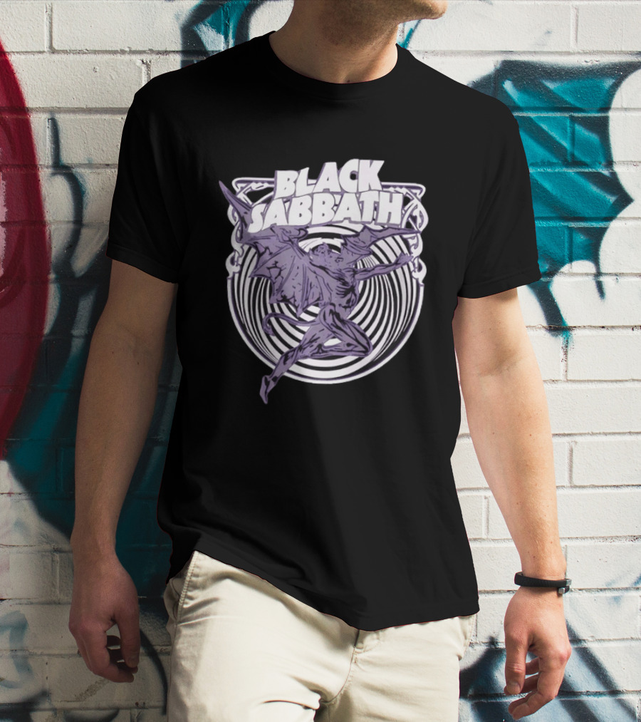 Black Sabbath Flying Devil With Striped Background Iconic Heavy Metal T-Shirt
