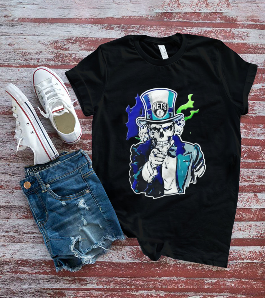 Brooklyn Nets Skeleton Uncle Sam Top Hat Pointing Stripes T-Shirt