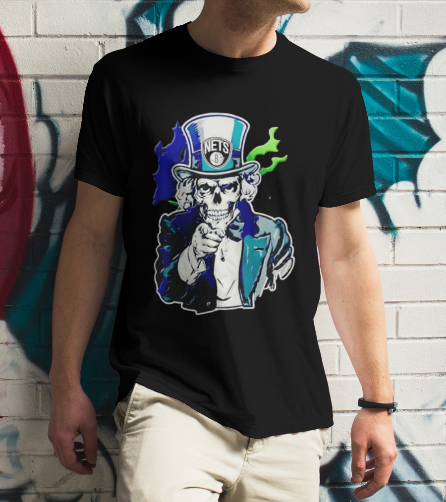 Brooklyn Nets Skeleton Uncle Sam Top Hat Pointing Stripes T-Shirt