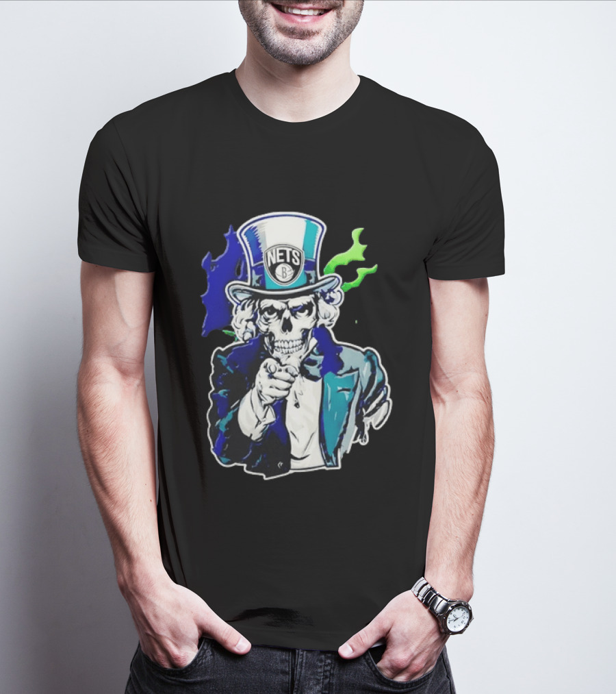 Brooklyn Nets Skeleton Uncle Sam Top Hat Pointing Stripes T-Shirt