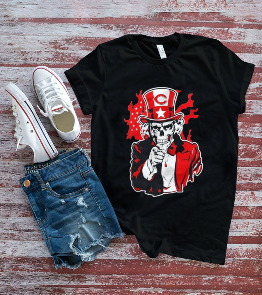 Cincinnati Reds Skeleton Uncle Sam Pointing US Flag Flames T-Shirt