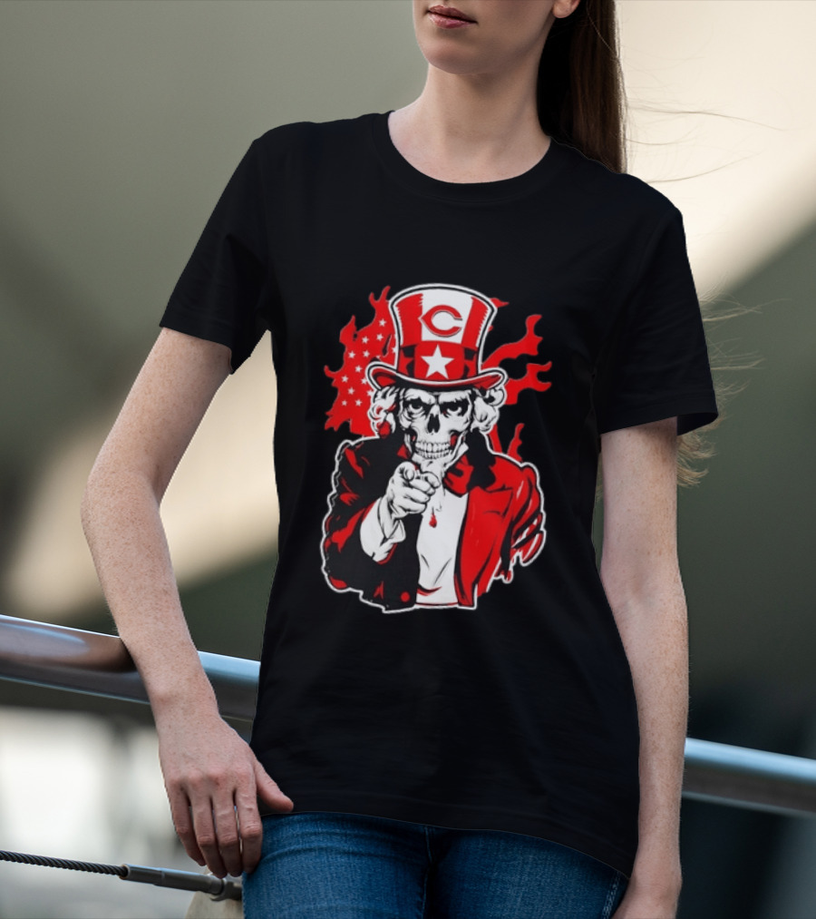 Cincinnati Reds Skeleton Uncle Sam Pointing US Flag Flames T-Shirt