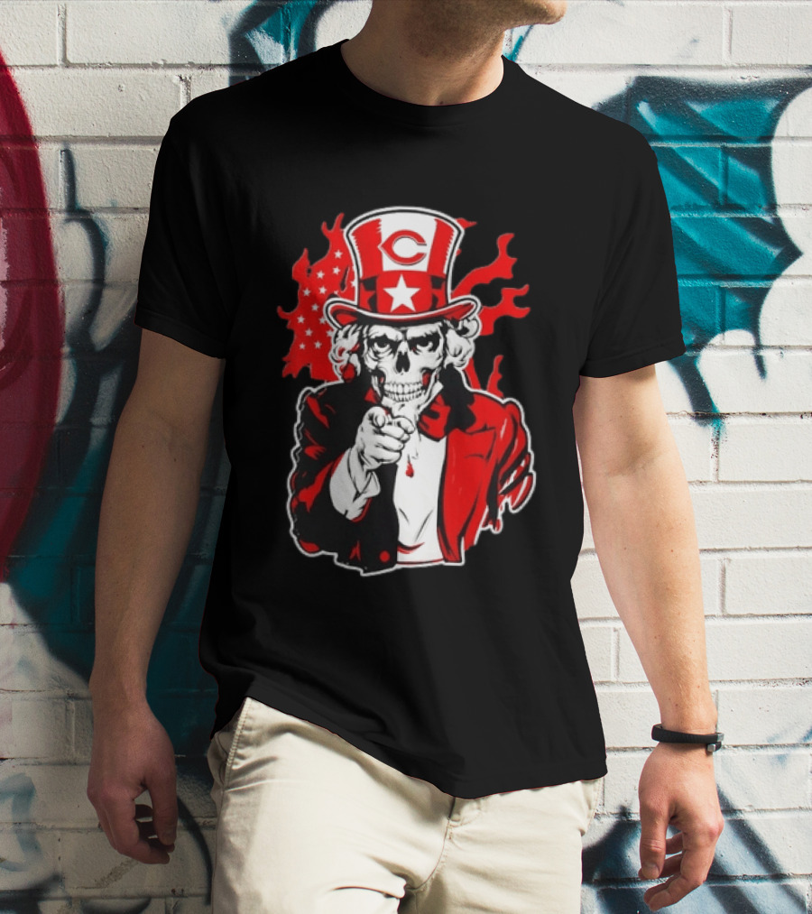 Cincinnati Reds Skeleton Uncle Sam Pointing US Flag Flames T-Shirt