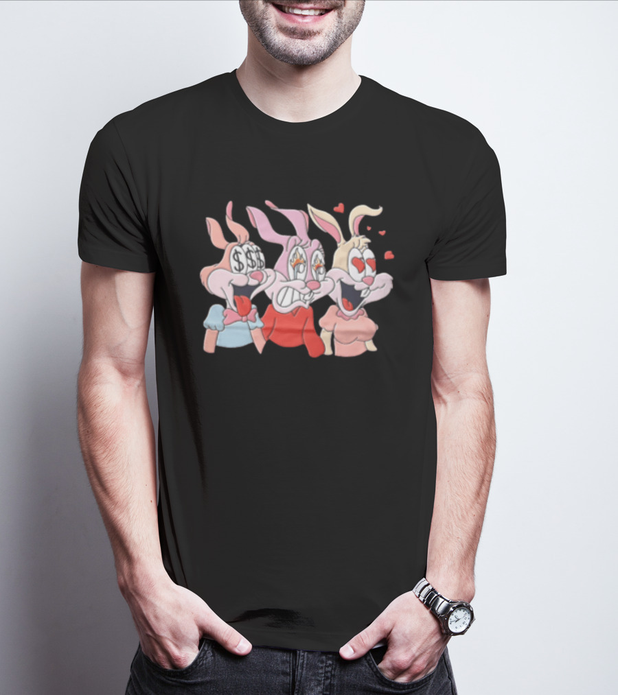 Three Cartoon Female Rabbits Dollar Signs Fire Heart Eyes Expressions T-Shirt