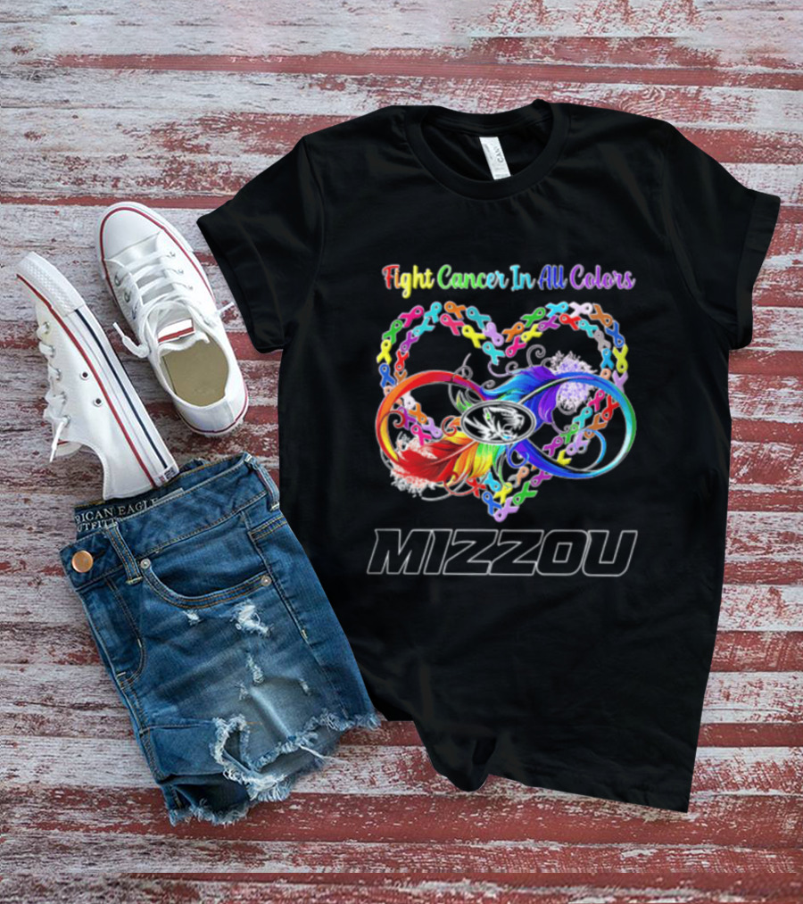 Mizzou Fight Cancer In All Colors Heart Infinity Ribbon Rainbow Feather T-Shirt
