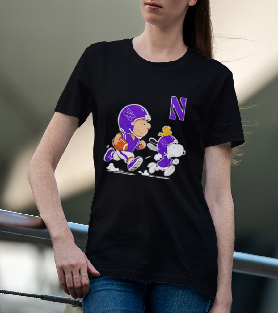 Northwestern Wildcats Charlie Brown Woodstock Snoopy Football Running T-Shirt