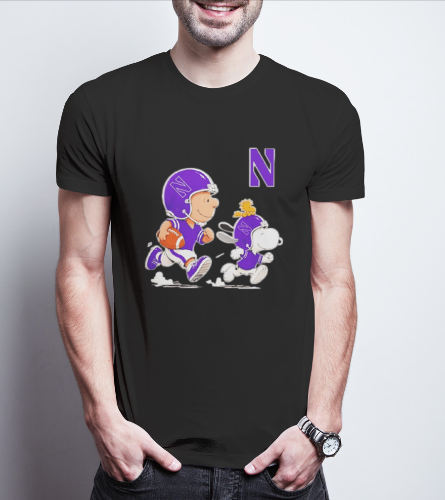 Northwestern Wildcats Charlie Brown Woodstock Snoopy Football Running T-Shirt