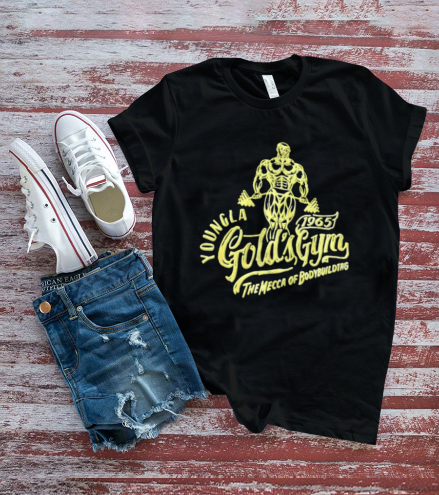 Youngla Golds Gym 1965 The Mecca Of Bodybuilding Muscular Man Holding Barbell T-Shirt