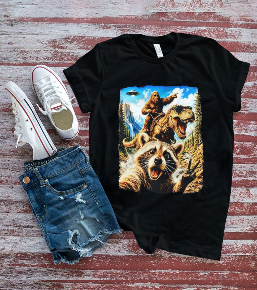 Raccoon Selfie Bigfoot Rex Adventure With UFO And Mountains T-Shirt