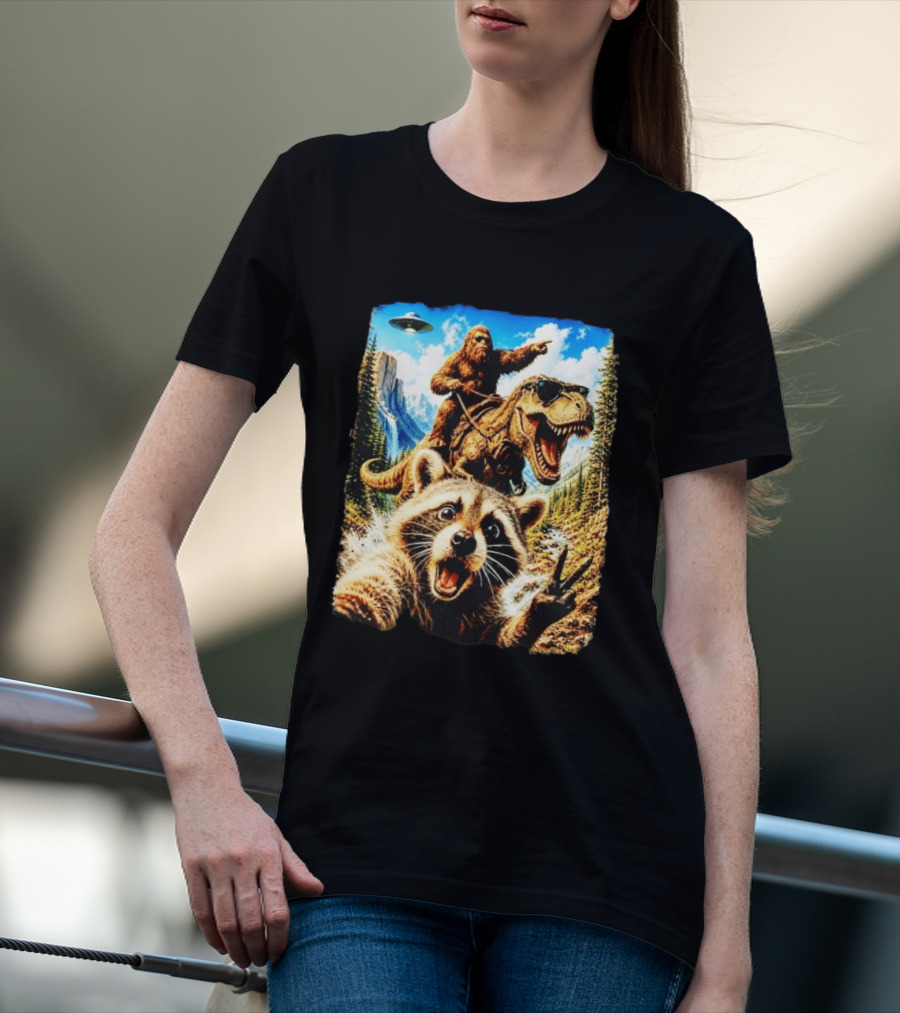 Raccoon Selfie Bigfoot Rex Adventure With UFO And Mountains T-Shirt
