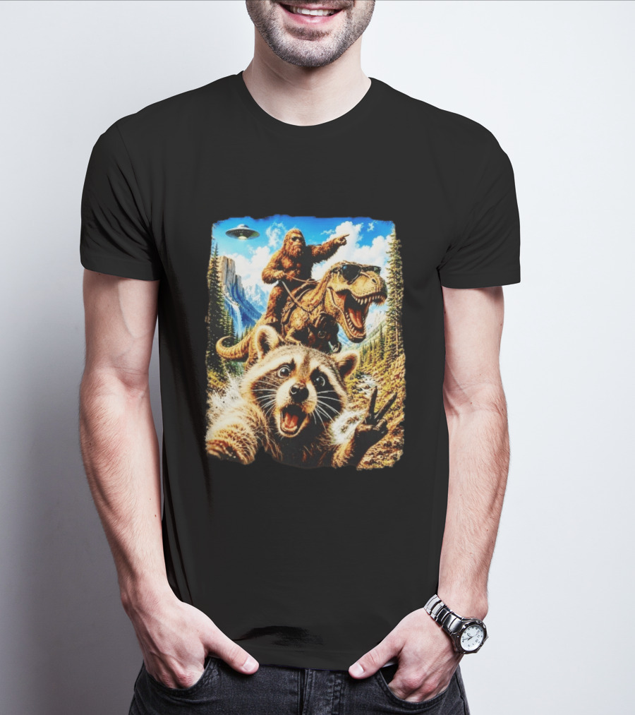 Raccoon Selfie Bigfoot Rex Adventure With UFO And Mountains T-Shirt