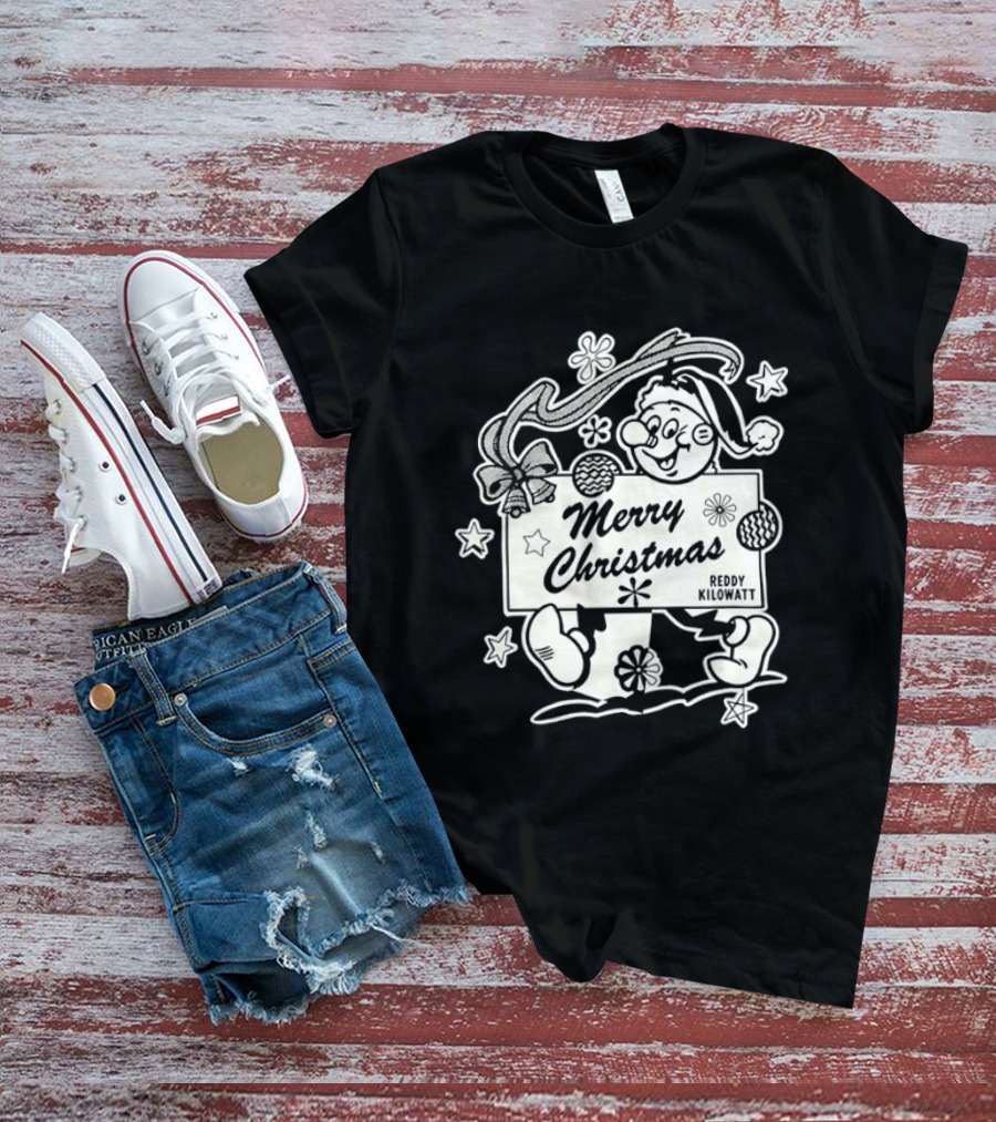 Reddy Kilowatt Merry Christmas Holiday Print Concept With Snowflakes T-Shirt