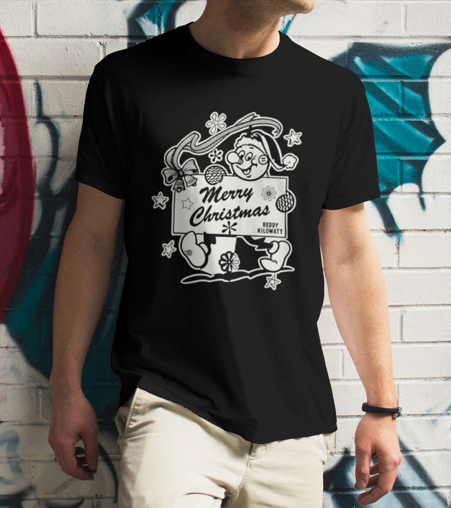 Reddy Kilowatt Merry Christmas Holiday Print Concept With Snowflakes T-Shirt