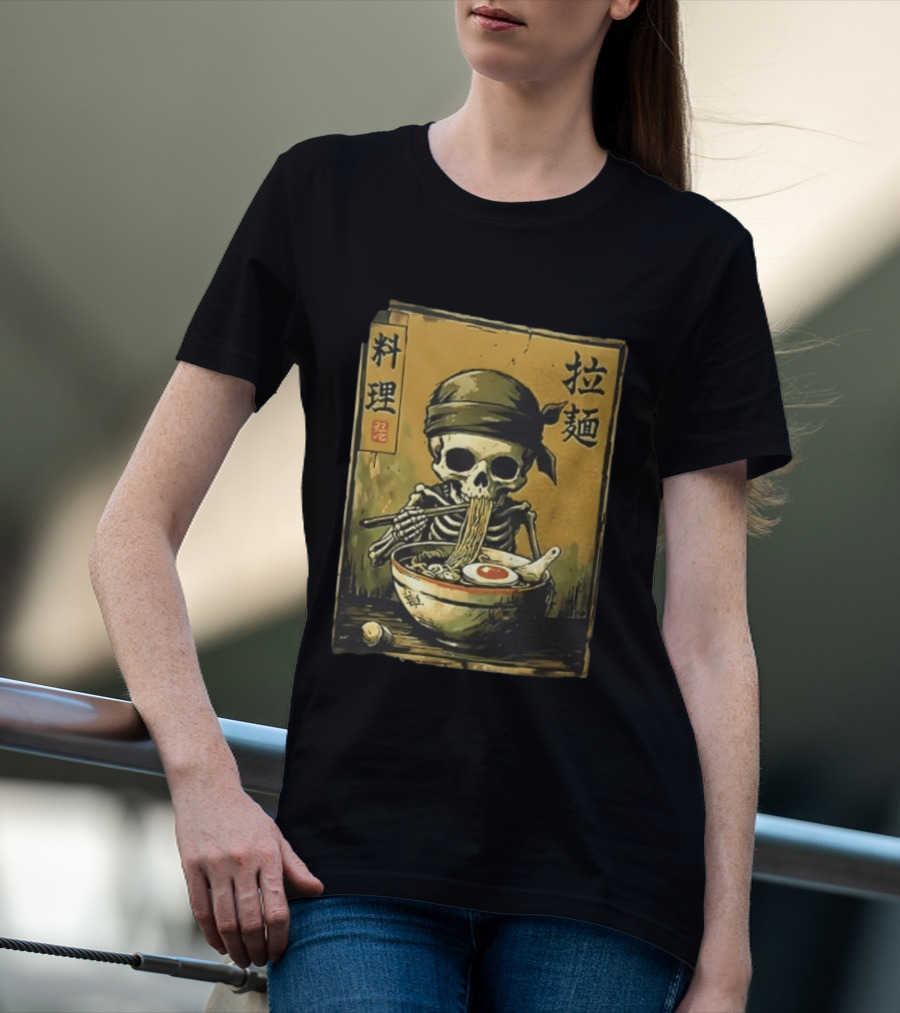 Skeleton Ramen Eating Kanji Cooking Noodles T-Shirt