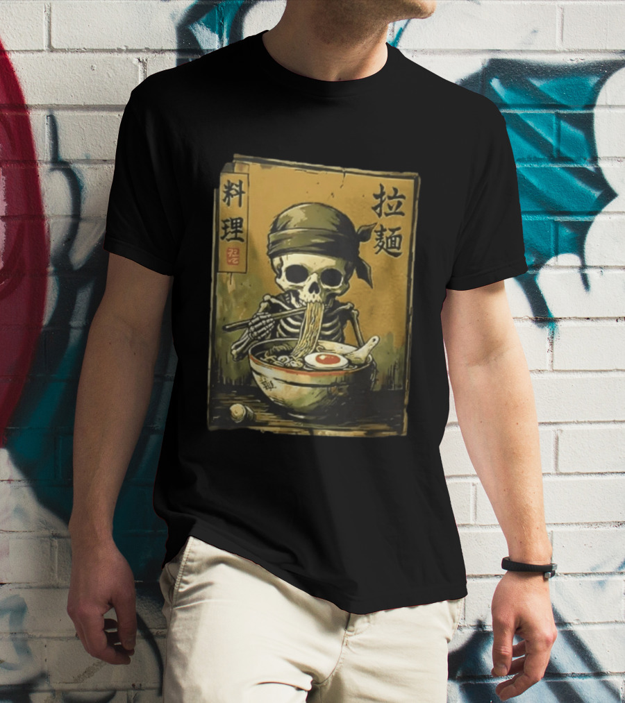 Skeleton Ramen Eating Kanji Cooking Noodles T-Shirt