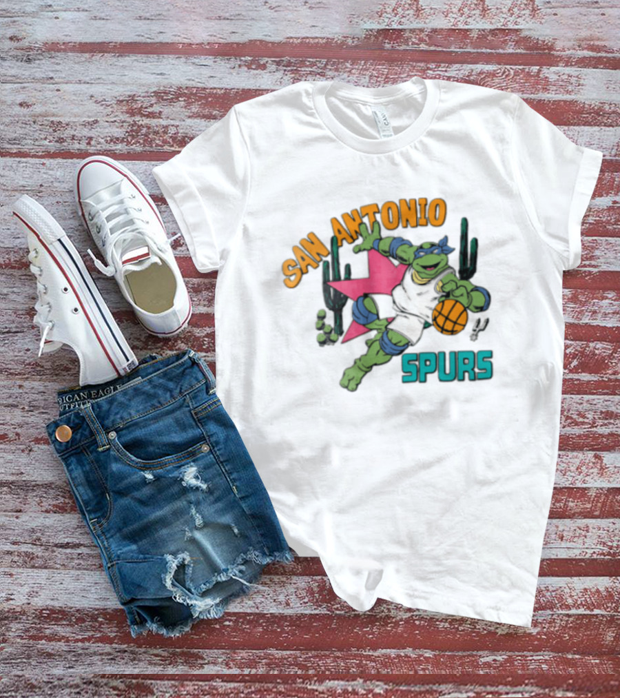 San Antonio Spurs Cartoon Turtle Dribbling Basketball Cacti T-Shirt
