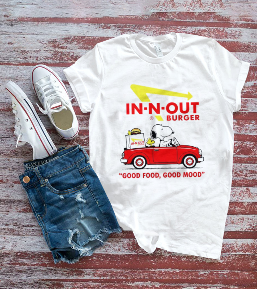 In N Out Burger Snoopy Woodstock Driving Red Convertible Good Food Good Mood T-Shirt