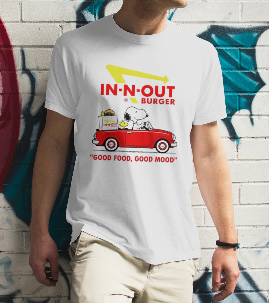 In N Out Burger Snoopy Woodstock Driving Red Convertible Good Food Good Mood T-Shirt