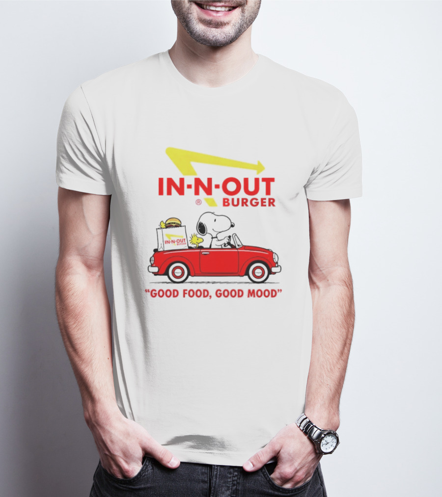 In N Out Burger Snoopy Woodstock Driving Red Convertible Good Food Good Mood T-Shirt