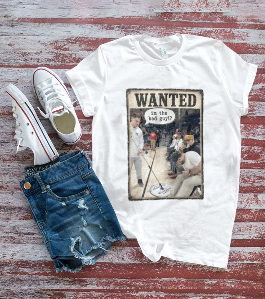 Wanted Im The Bad Guy Wintrust Arena Man Sweeping Floor Devil Horns T-Shirt