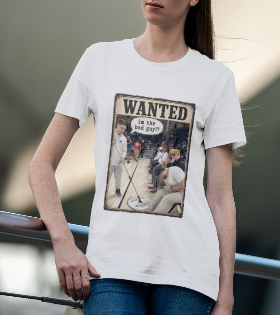 Wanted Im The Bad Guy Wintrust Arena Man Sweeping Floor Devil Horns T-Shirt