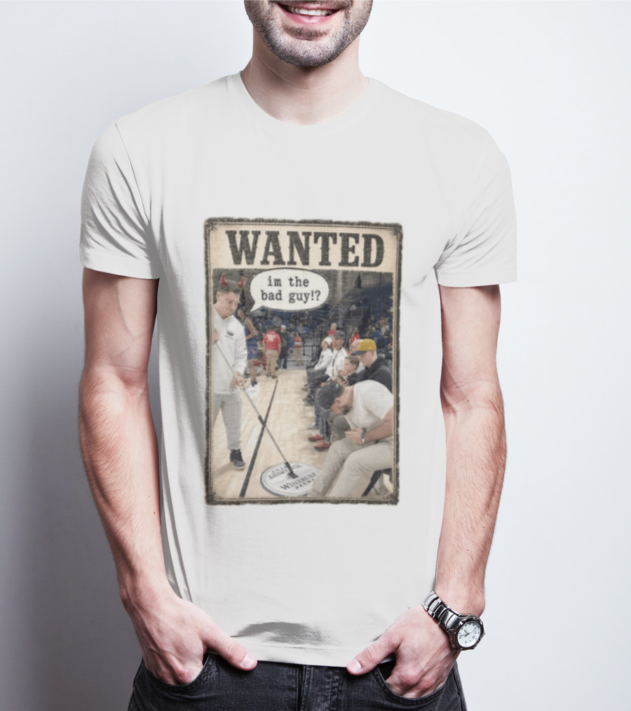 Wanted Im The Bad Guy Wintrust Arena Man Sweeping Floor Devil Horns T-Shirt