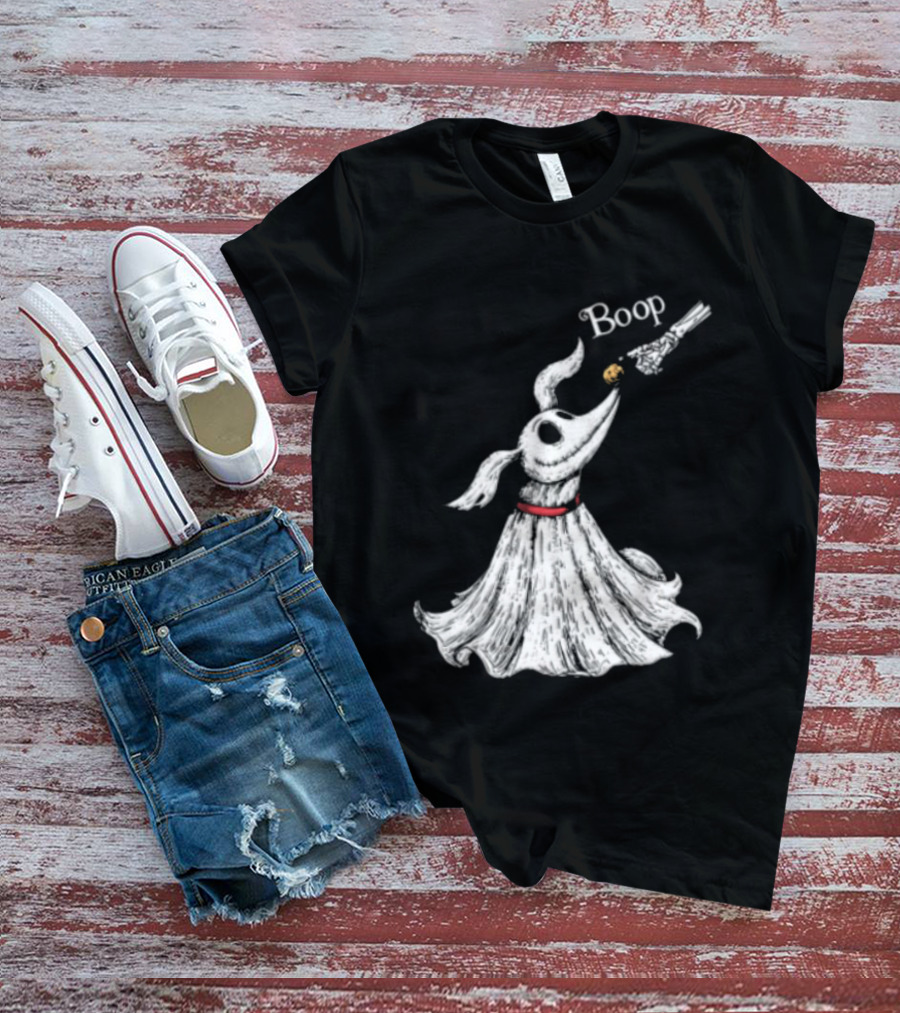 Boop Skeletal Hand Touching Pumpkin Nose With Ghostly Dog Line Sketch T-Shirt