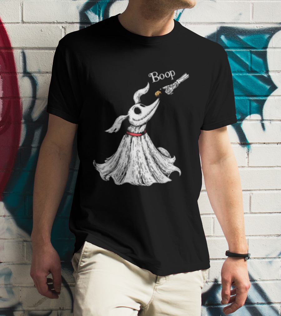 Boop Skeletal Hand Touching Pumpkin Nose With Ghostly Dog Line Sketch T-Shirt