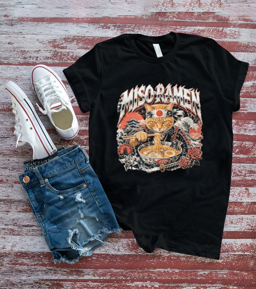 Miso Ramen Samurai Cat Japanese Foodie Bowls Japan Culture T-Shirt