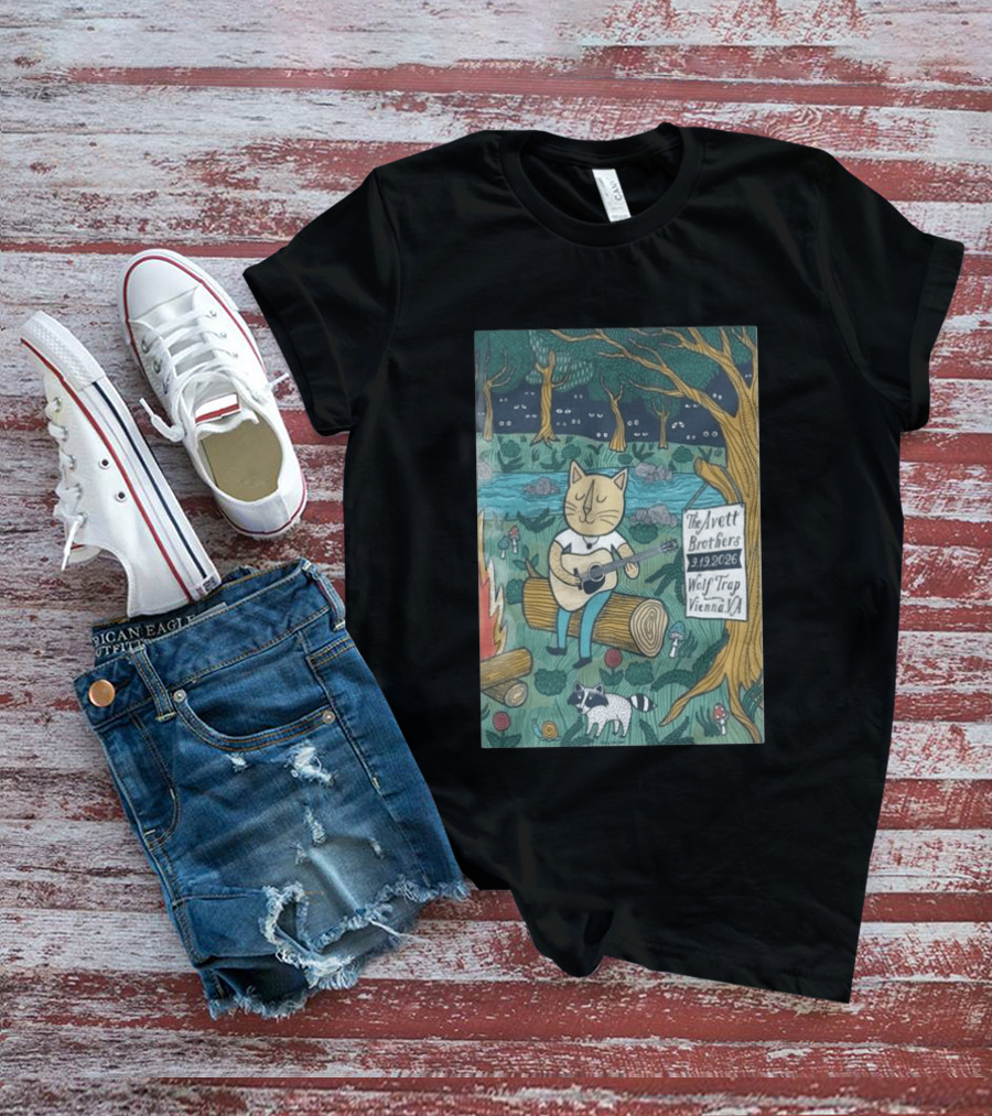 The Avett Brothers Wolf Trap Vienna Virginia 2026 Concert Cat Playing Guitar In Forest Scene T-Shirt