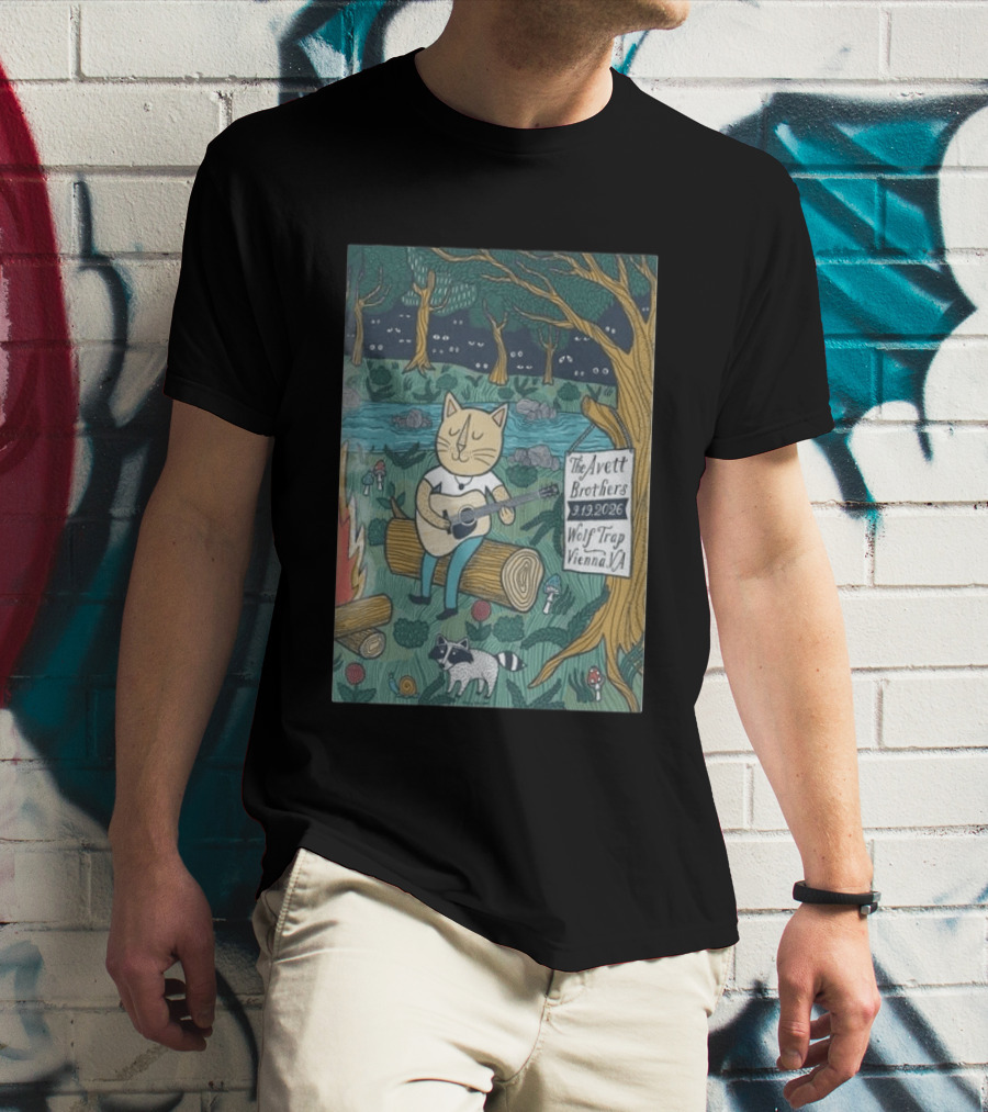 The Avett Brothers Wolf Trap Vienna Virginia 2026 Concert Cat Playing Guitar In Forest Scene T-Shirt