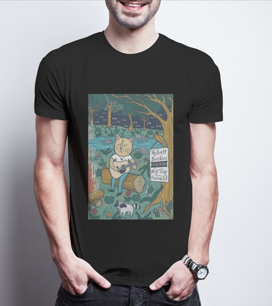 The Avett Brothers Wolf Trap Vienna Virginia 2026 Concert Cat Playing Guitar In Forest Scene T-Shirt