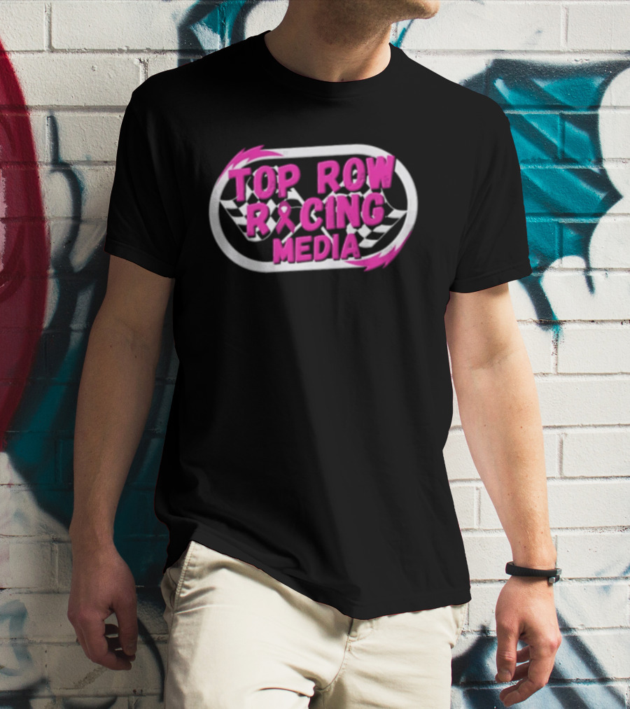 Top Row Racing Media Pink Checkered Flags Ribbon T-Shirt