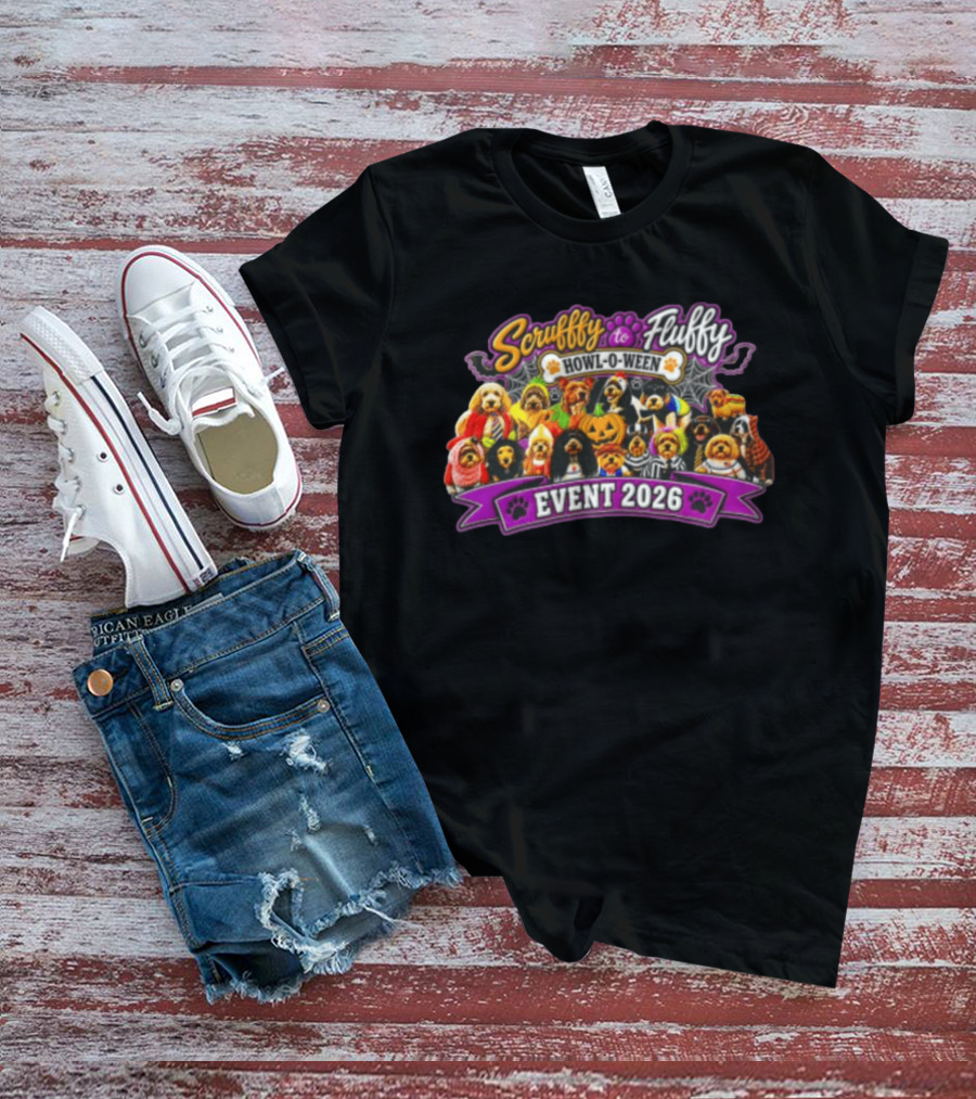 Scruffy To Fluffy Howl O Ween Event 2026 Many Dogs Wearing Halloween Costumes T-Shirt