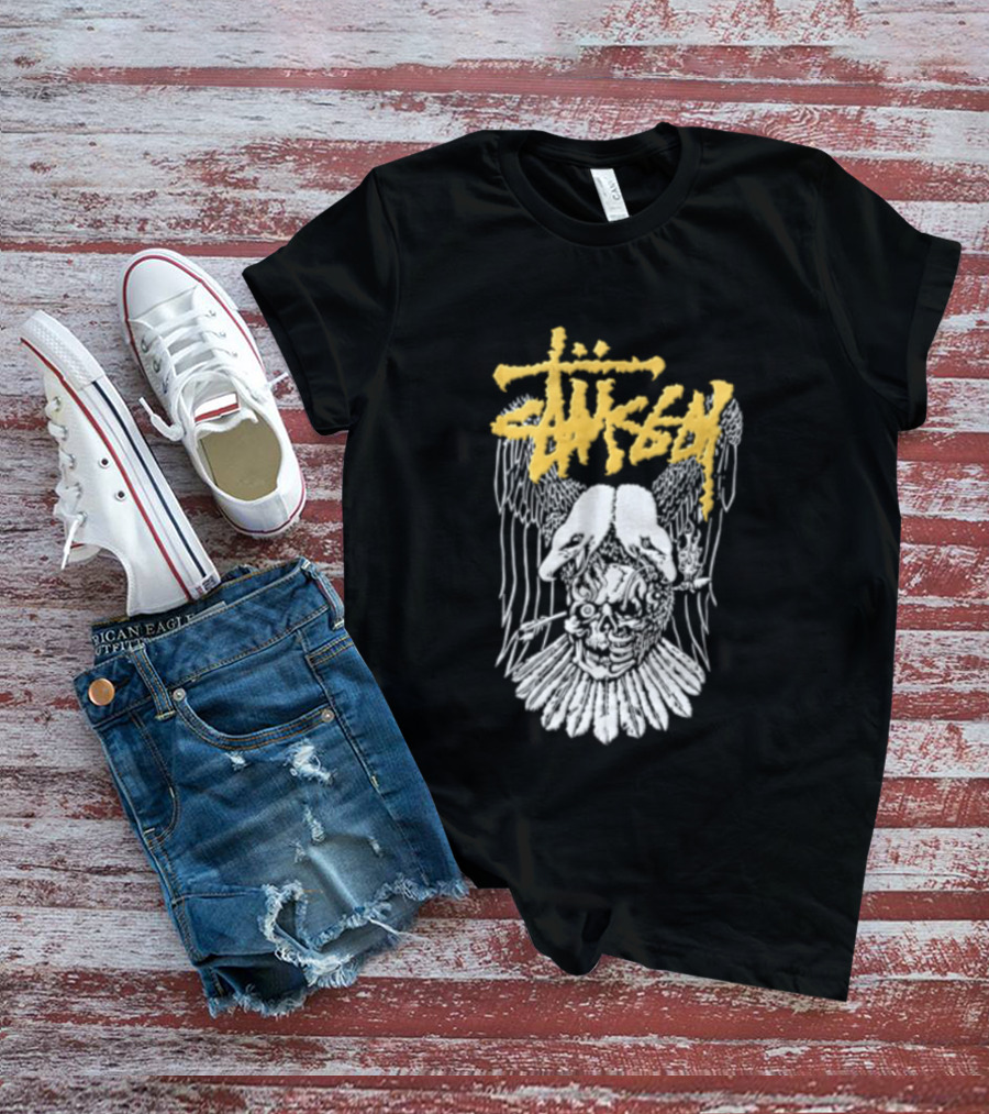 Stussy Two Headed Eagle Skull Yellow Text White Sketch T-Shirt