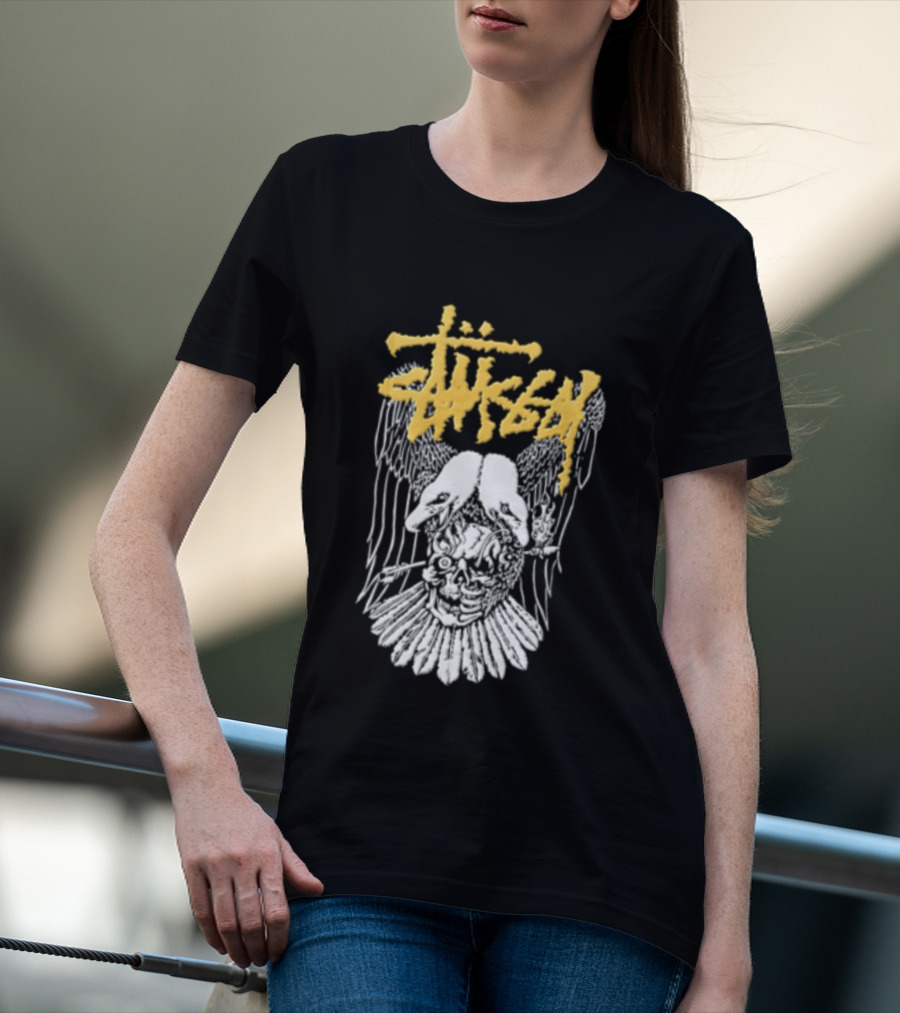 Stussy Two Headed Eagle Skull Yellow Text White Sketch T-Shirt