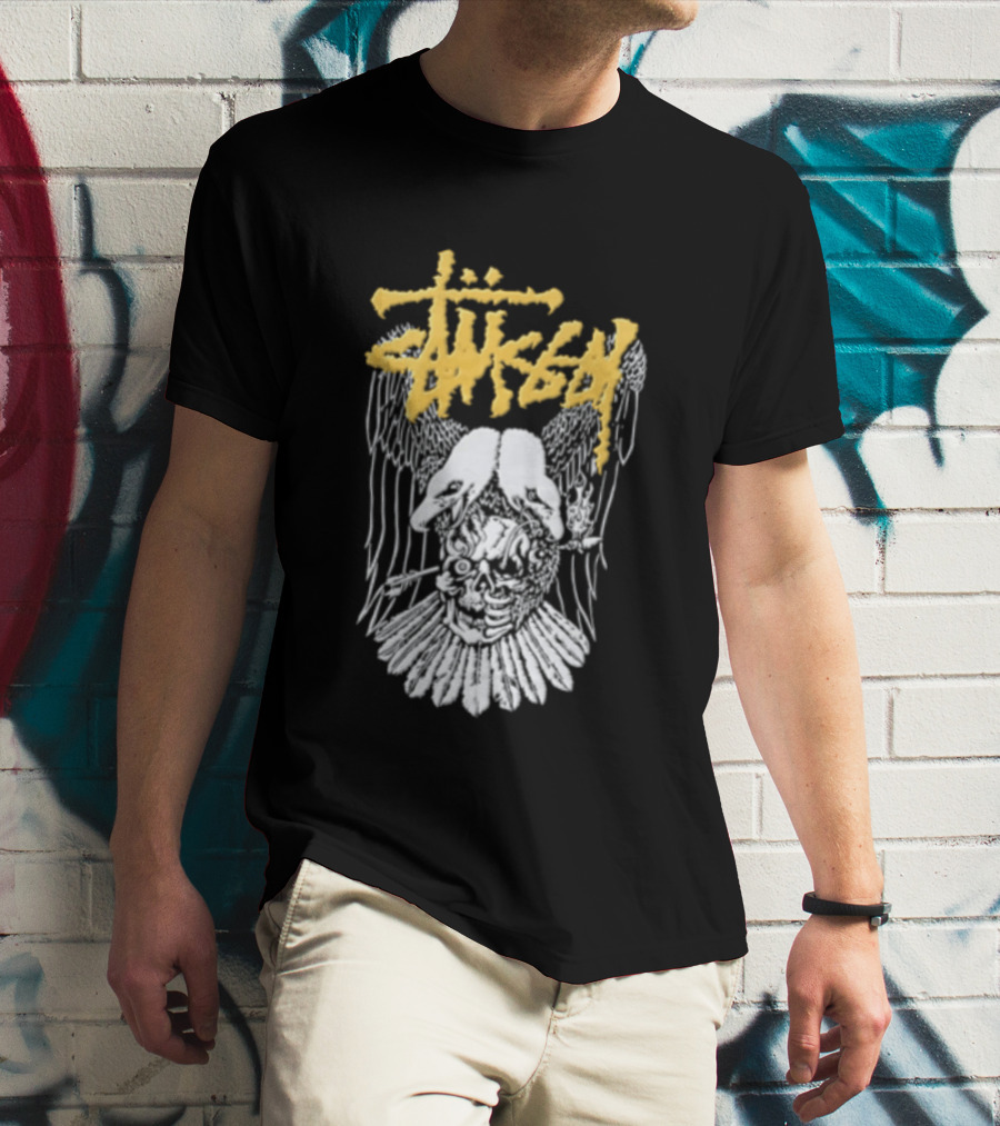 Stussy Two Headed Eagle Skull Yellow Text White Sketch T-Shirt