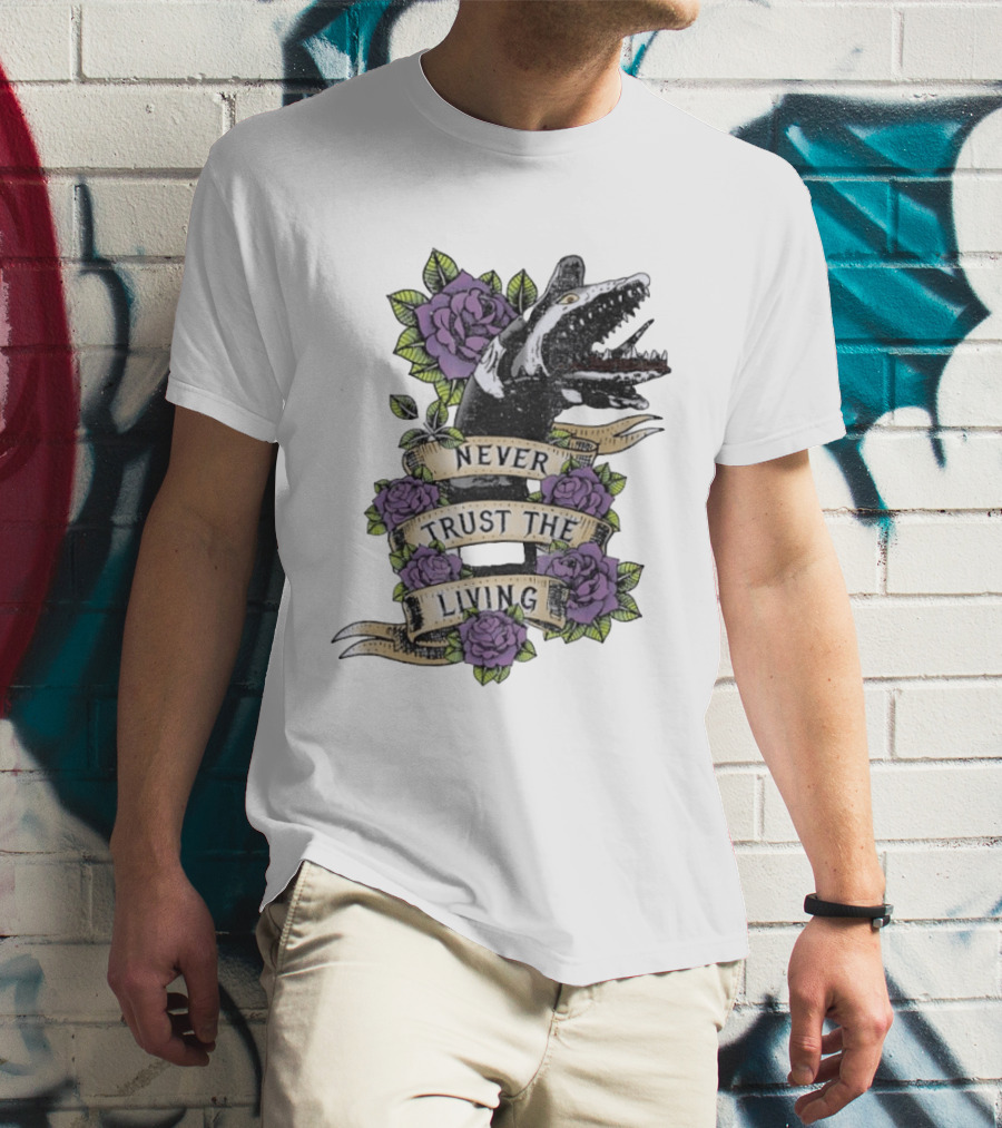 Beetlejuice Never Trust The Living Floral Banner With Sandworm And Purple Roses T-Shirt