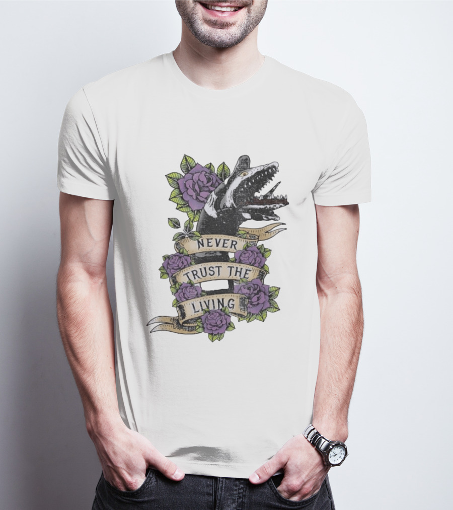 Beetlejuice Never Trust The Living Floral Banner With Sandworm And Purple Roses T-Shirt
