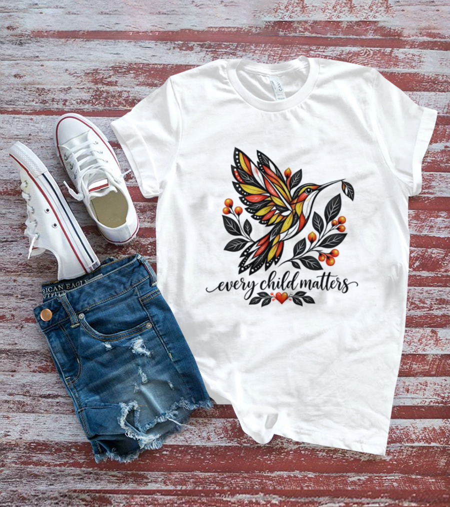 Every Child Matters Hummingbird Orange Awareness Floral Heart T-Shirt