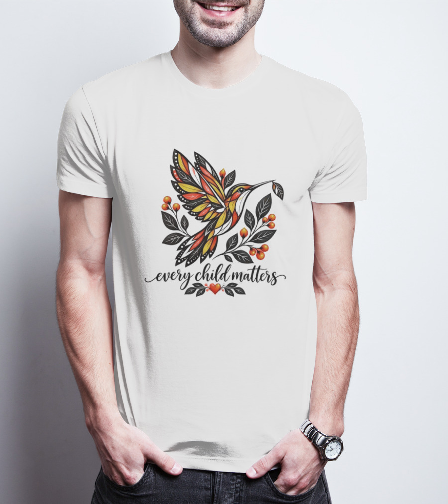 Every Child Matters Hummingbird Orange Awareness Floral Heart T-Shirt