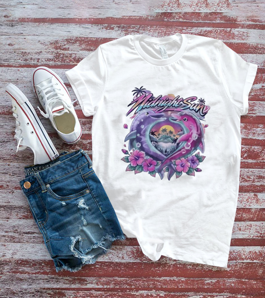 Midnight Sun Heart Dolphins Tropical Sunset T-Shirt