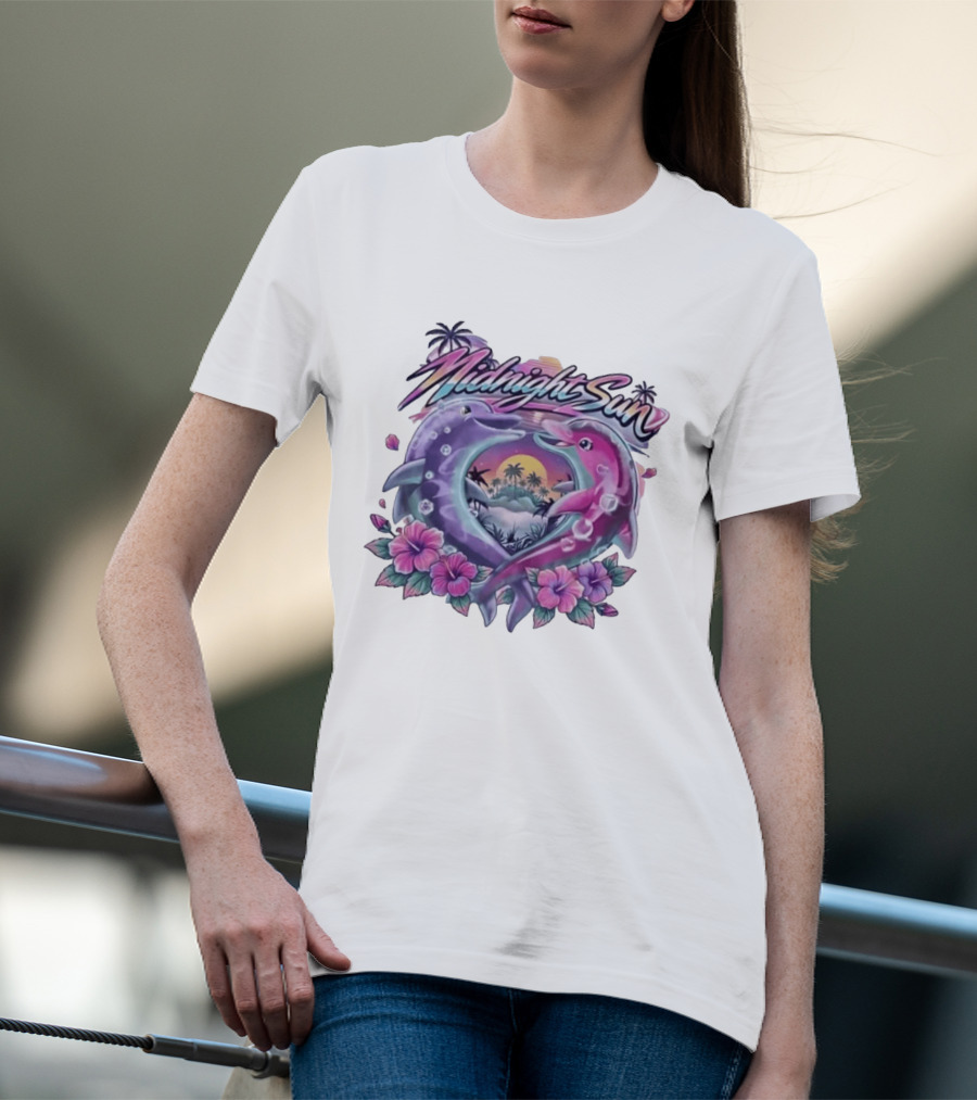 Midnight Sun Heart Dolphins Tropical Sunset T-Shirt