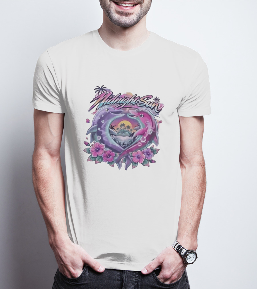 Midnight Sun Heart Dolphins Tropical Sunset T-Shirt